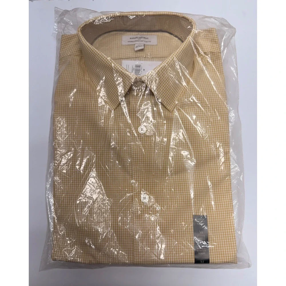 Banana Republic Mens Slim Fit Wrinkle Resistant Gingham Dress Shirt Yellow M